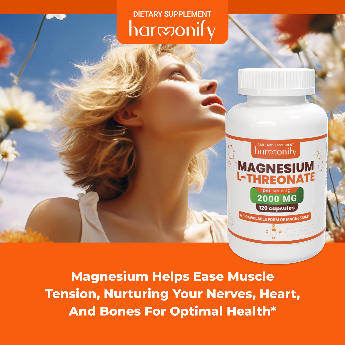 HARMONIFY Magnesium L Threonate 120 Purified Veggie Capsule, 2000 mg, Gluten Free, Non-GMO