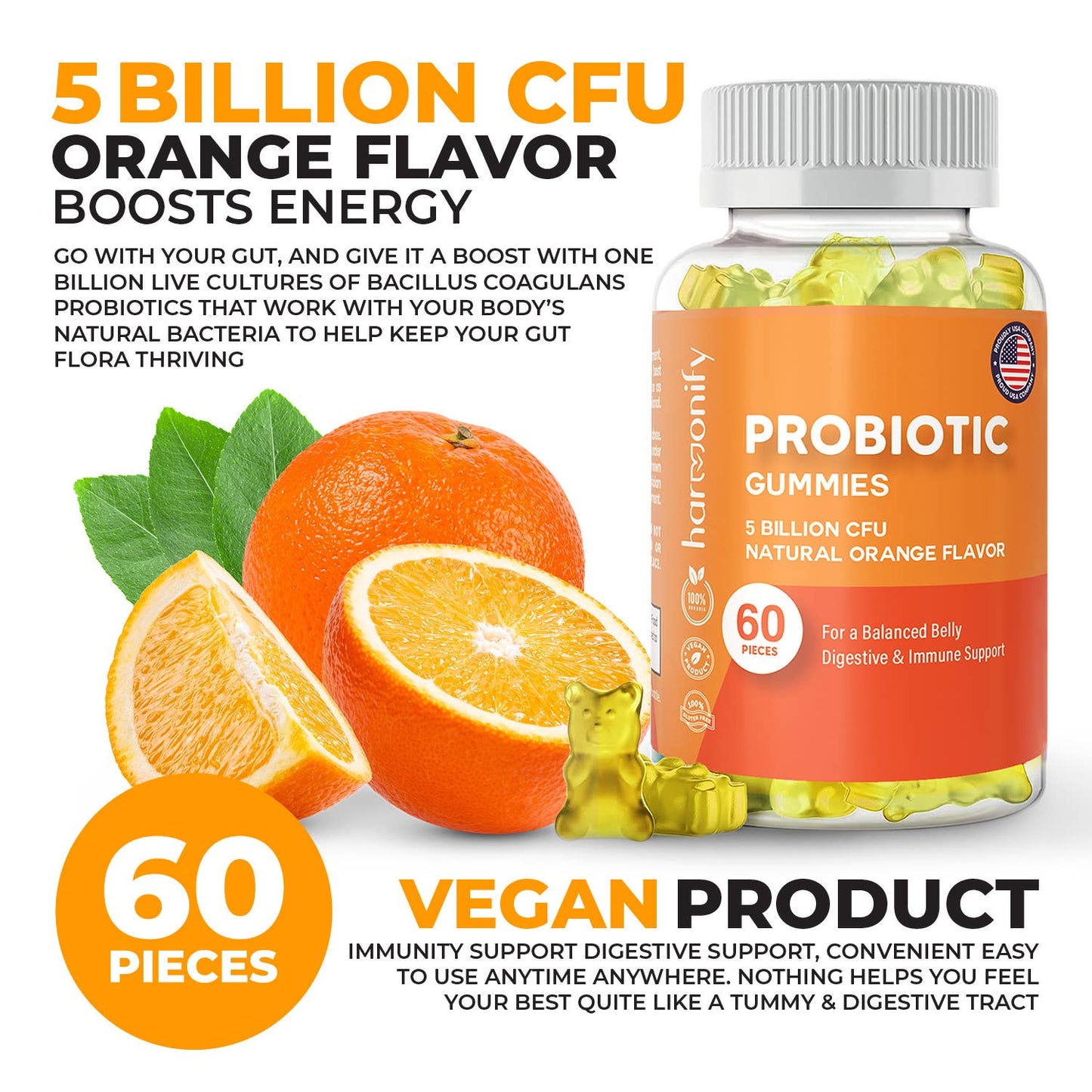 Probiotic Gummy 5 Billion CFU Natural Orange Flavor 1000 mg