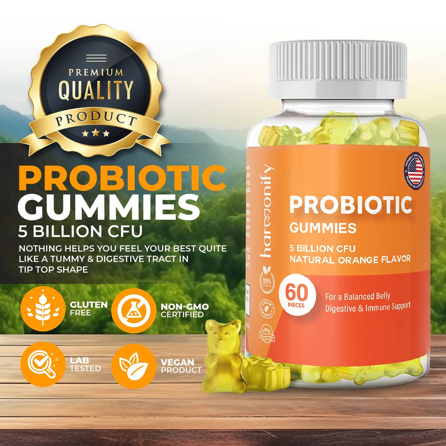 Probiotic Gummy 5 Billion CFU Natural Orange Flavor 1000 mg