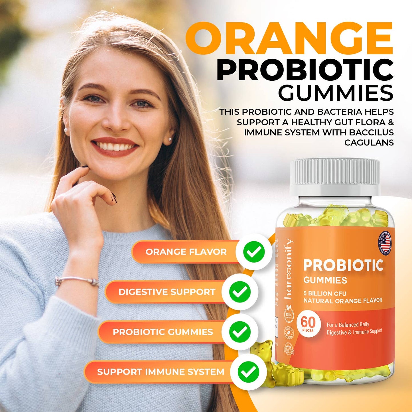 Probiotic Gummy 5 Billion CFU Natural Orange Flavor 1000 mg