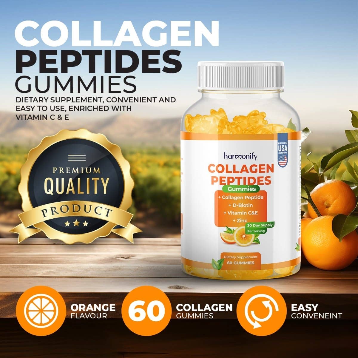 HARMONIFY Collagen Gummies with Vitamin C, Zinc and D-Biotin with Orange Flavour