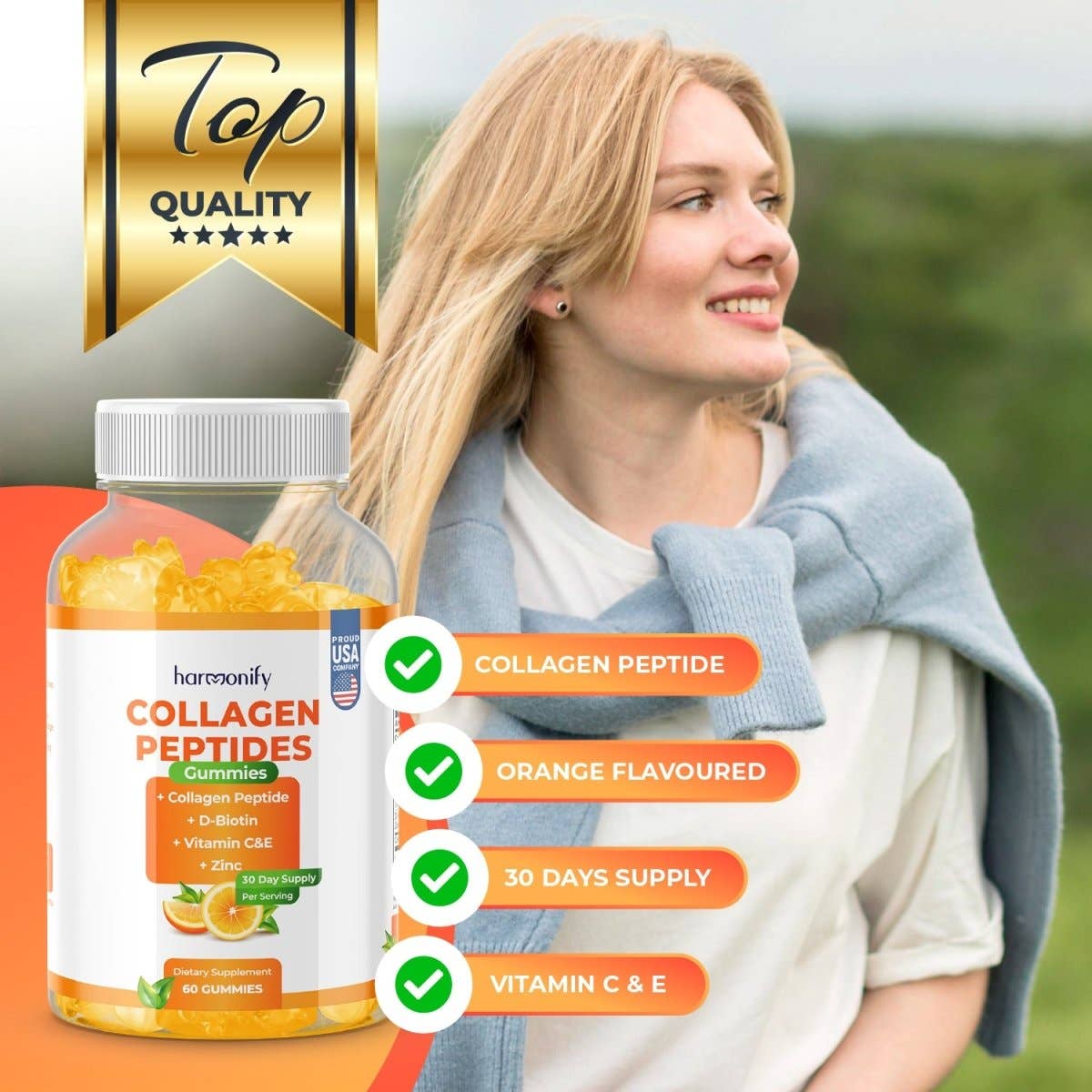 HARMONIFY Collagen Gummies with Vitamin C, Zinc and D-Biotin with Orange Flavour