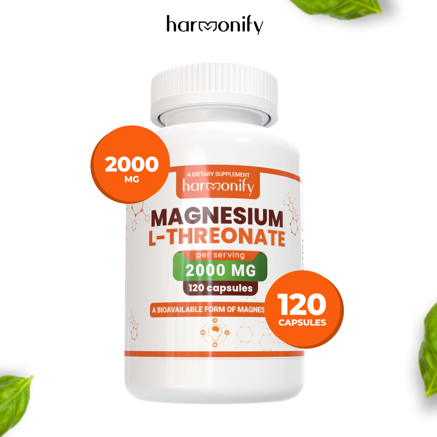 HARMONIFY Magnesium L Threonate 120 Purified Veggie Capsule, 2000 mg, Gluten Free, Non-GMO